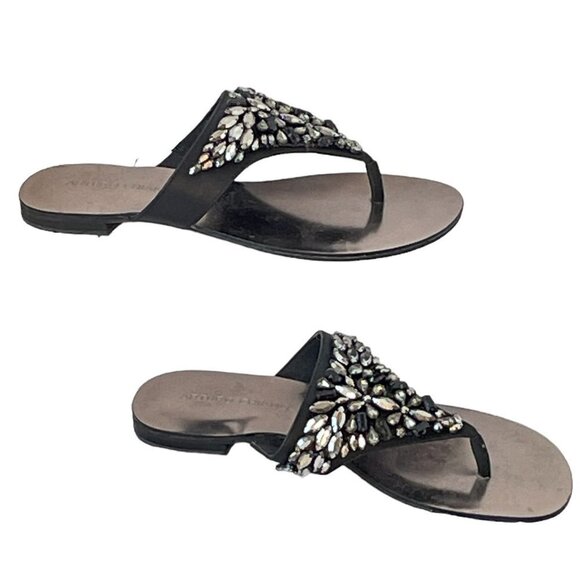 Arturo Chiang Black Leather Flip Flop Sandal with Rhinestone Embellishment 7 - Picture 4 of 11
